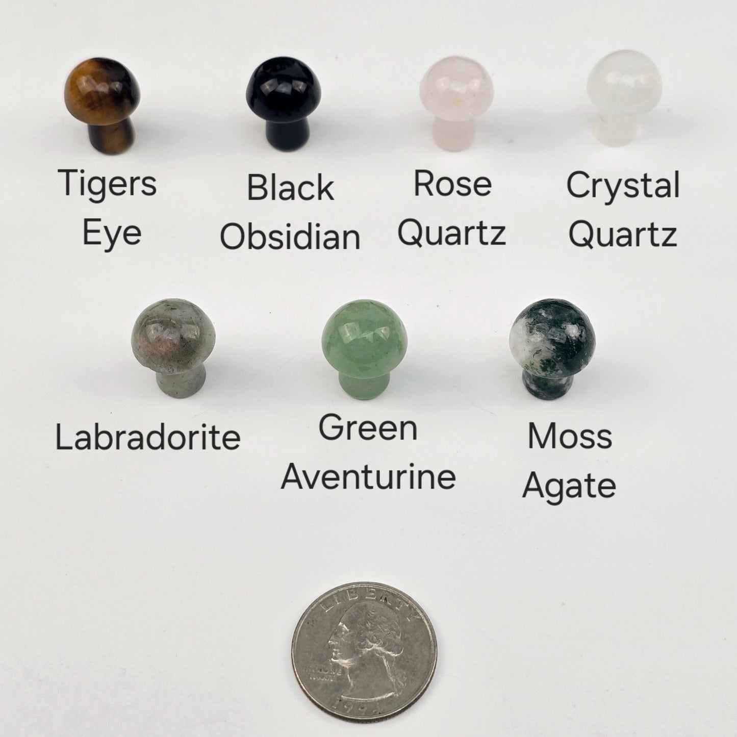 Gemstone Mushroom - Small Crystal Carving - Available in Set of 10 - You Choose Stone - Tigers Eye, Black Obsidian, Rose Quartz, Crystal Quartz, Labradorite, Green Aventurine, and Moss Agate variants labeled with quarter for size reference