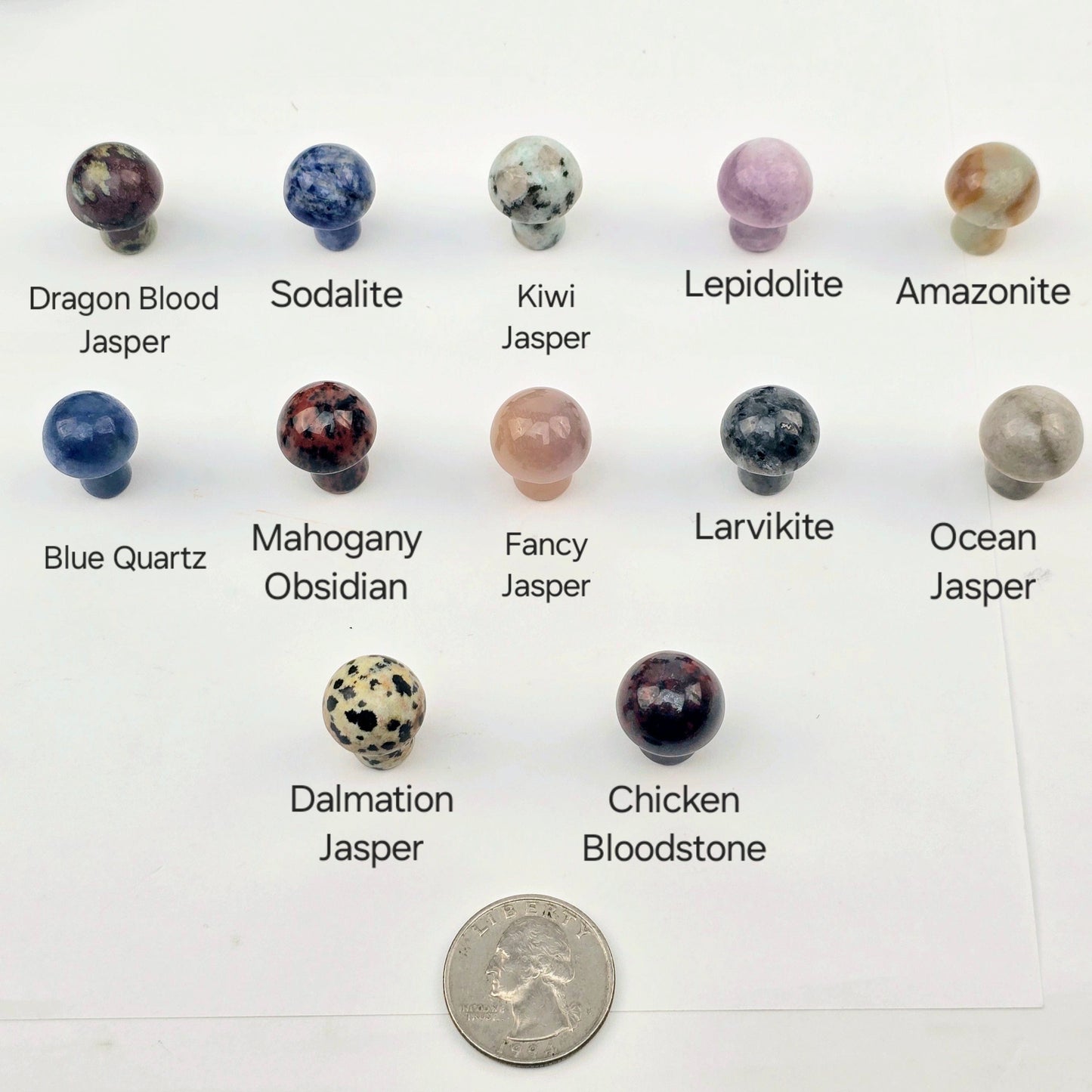 Gemstone Mushroom - Small Crystal Carving - Available in Set of 10 - You Choose Stone - Dragon Blood Jasper, Sodalite, Kiwi Jasper, Lepidolite, Amazonite, Blue Quartz, Mahogany Obsidian, Fancy Jasper, Larvikite, Ocean Jaspser, Dalmation Jasper, and Chicken Bloodstone variants labeled with quarter for size reference