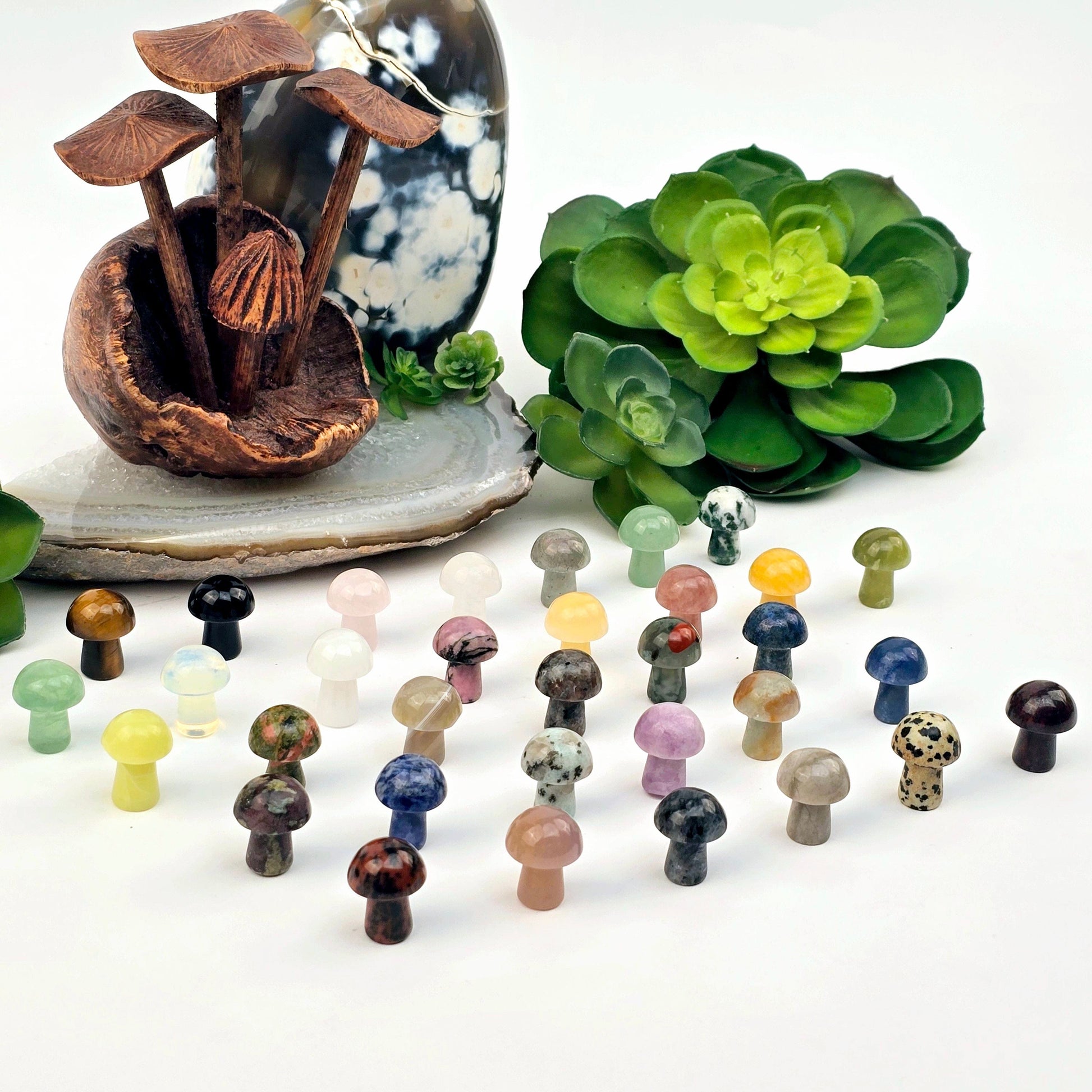 Gemstone Mushroom - Small Crystal Carving - Available in Set of 10 - You Choose Stone all variants side view