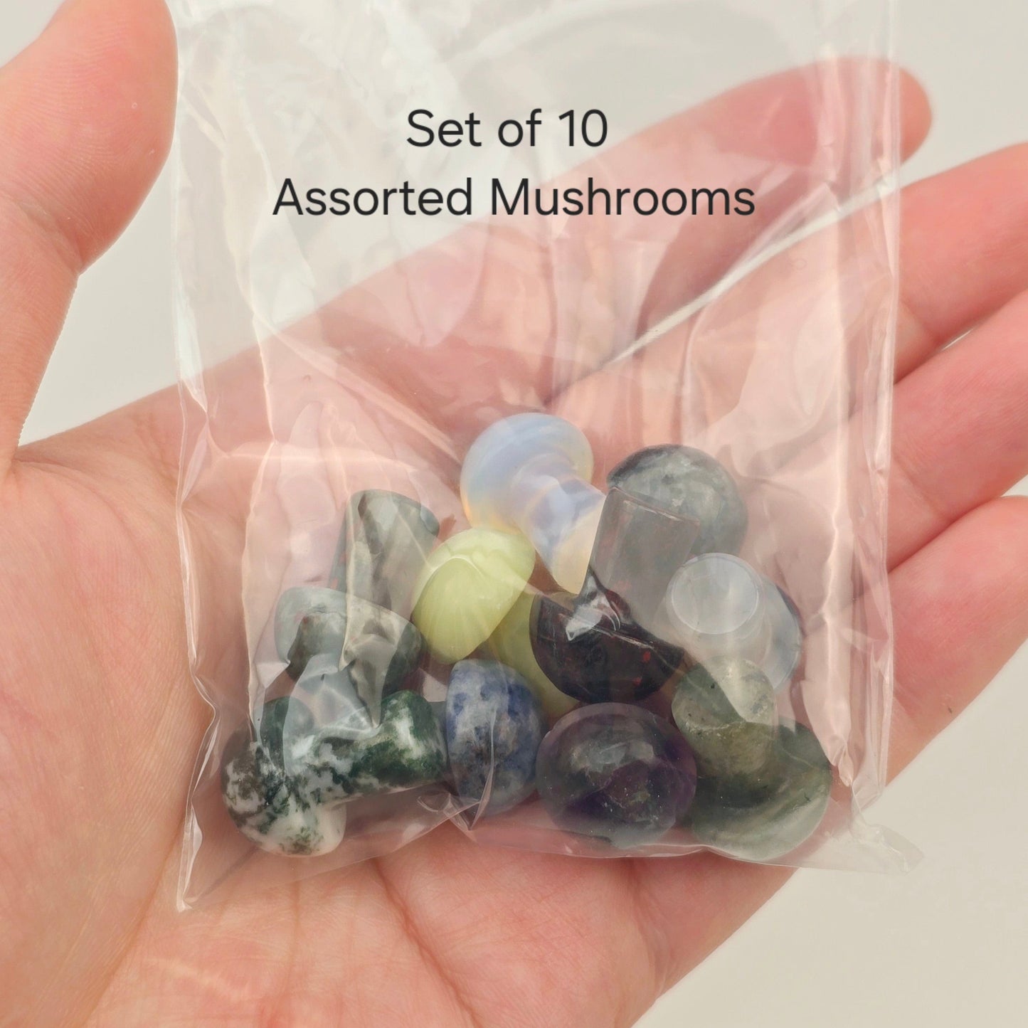 Gemstone Mushroom - Small Crystal Carving - Available in Set of 10 - You Choose Stone bag of Set of 10 Assorted Mushrooms in hand for size reference labeled