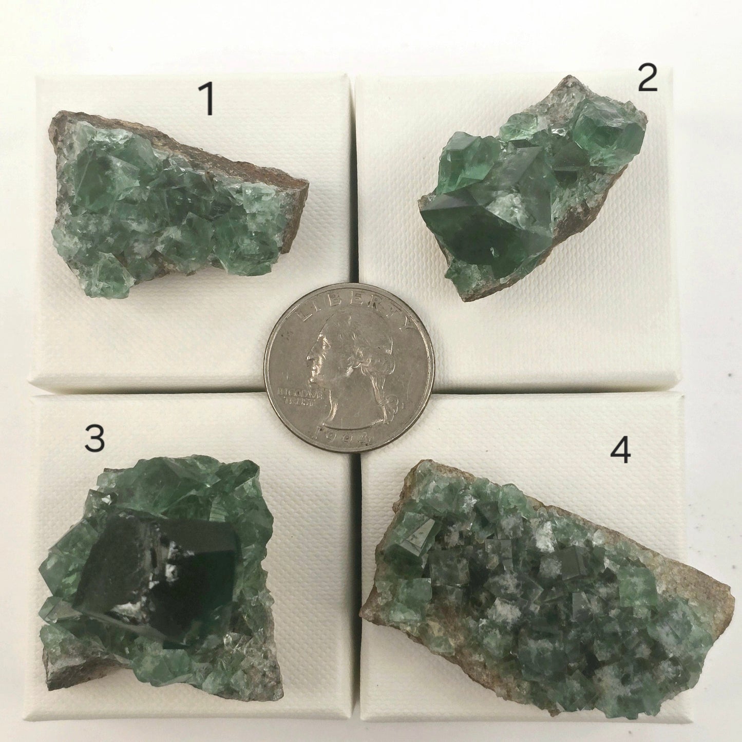 Diana Maria Mine Fluorite Crystal Cluster from England - You Choose #2 variants 1, 2, 3, and 4 labeled with quarter for size reference