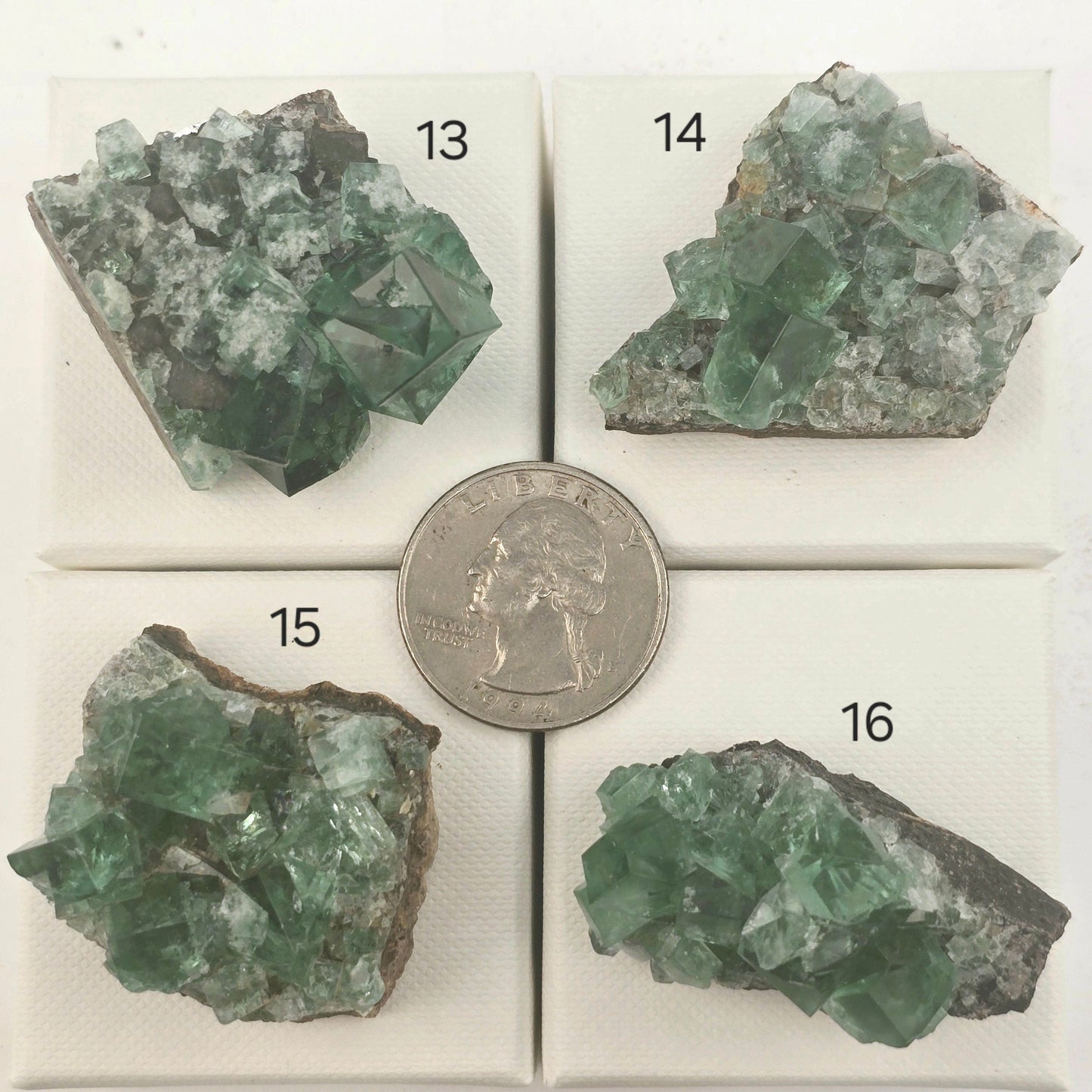 Diana Maria Mine Fluorite Crystal Cluster from England - You Choose #2 variants 13, 14, 15, and 16 labeled with quarter for size reference