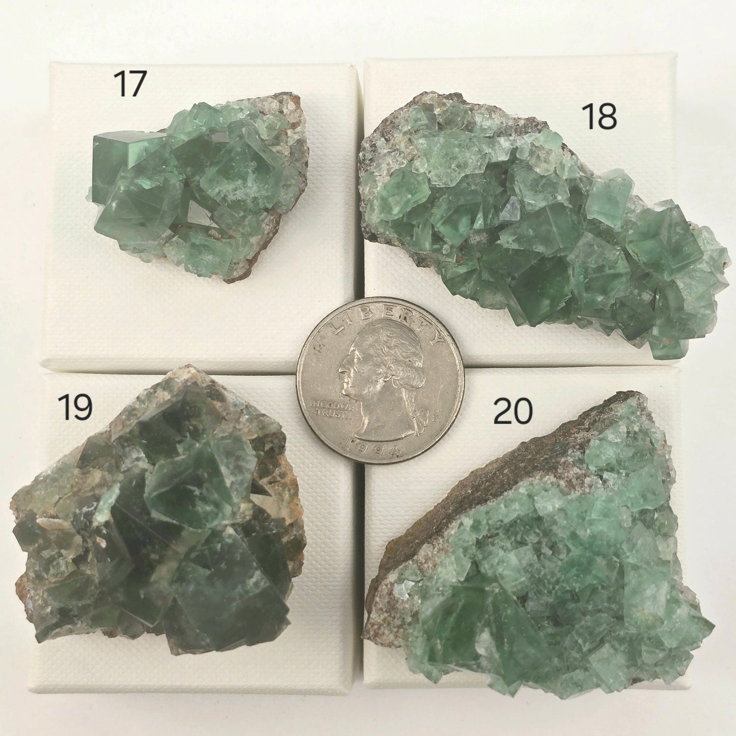 Diana Maria Mine Fluorite Crystal Cluster from England - You Choose #2 variants 17, 18, 19, and 20 labeled with quarter for size reference
