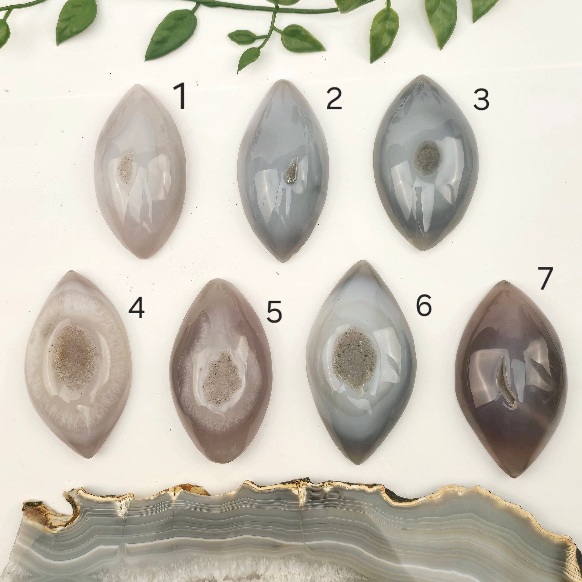 Agate - Large Natural Agate Druzy Polished Marquise Crystal Cabochon - You Choose all variants labeled 1, 2, 3, 4, 5, 6, and 7