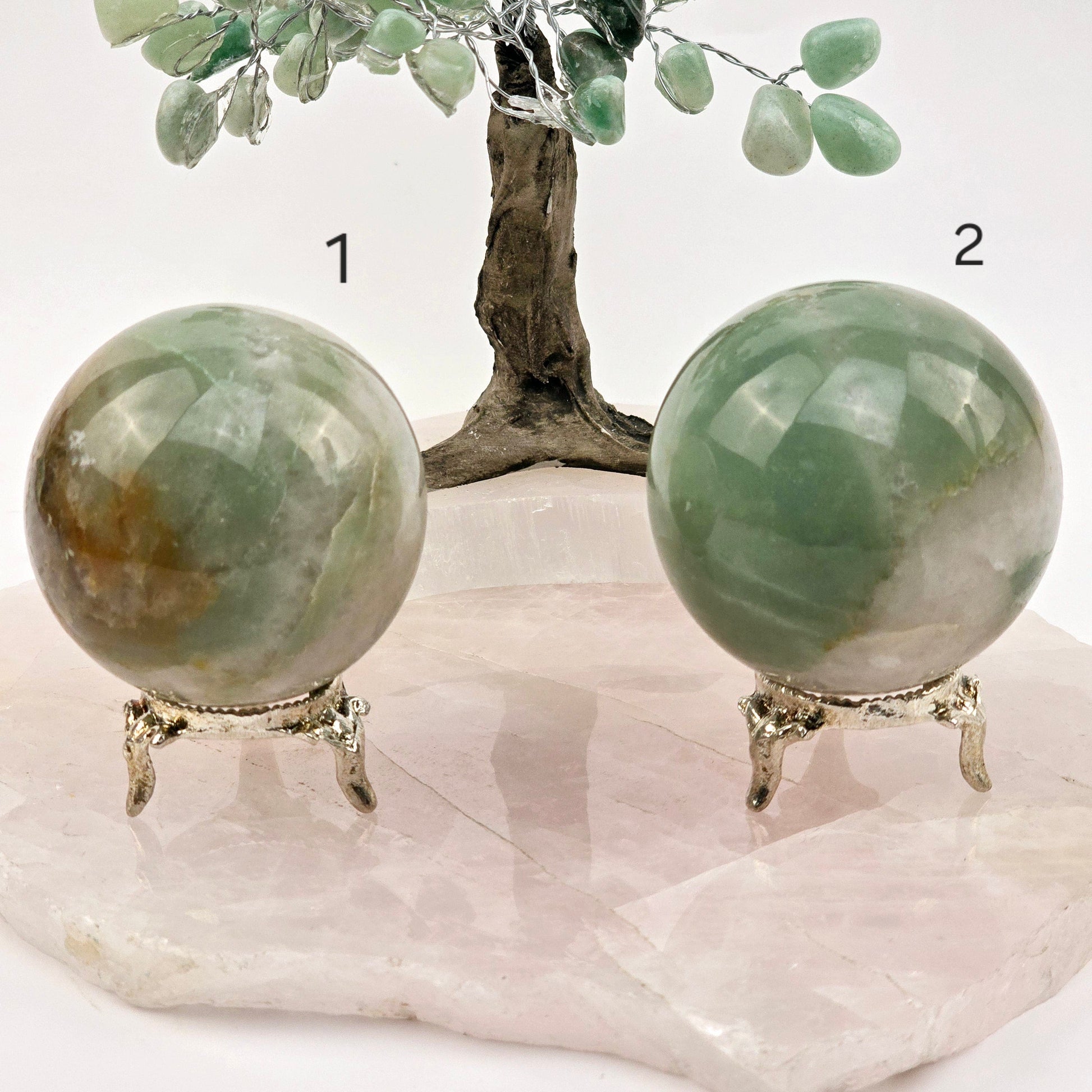 Green and White Quartz Crystal Sphere - You Choose #1 variants 1 and 2 labeled 