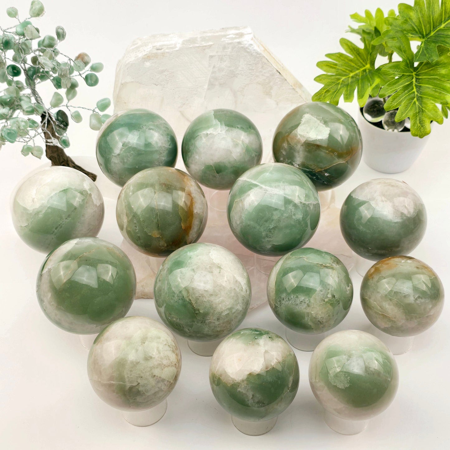 Green and White Quartz Crystal Sphere - You Choose #1 all variants with props and plants in the background