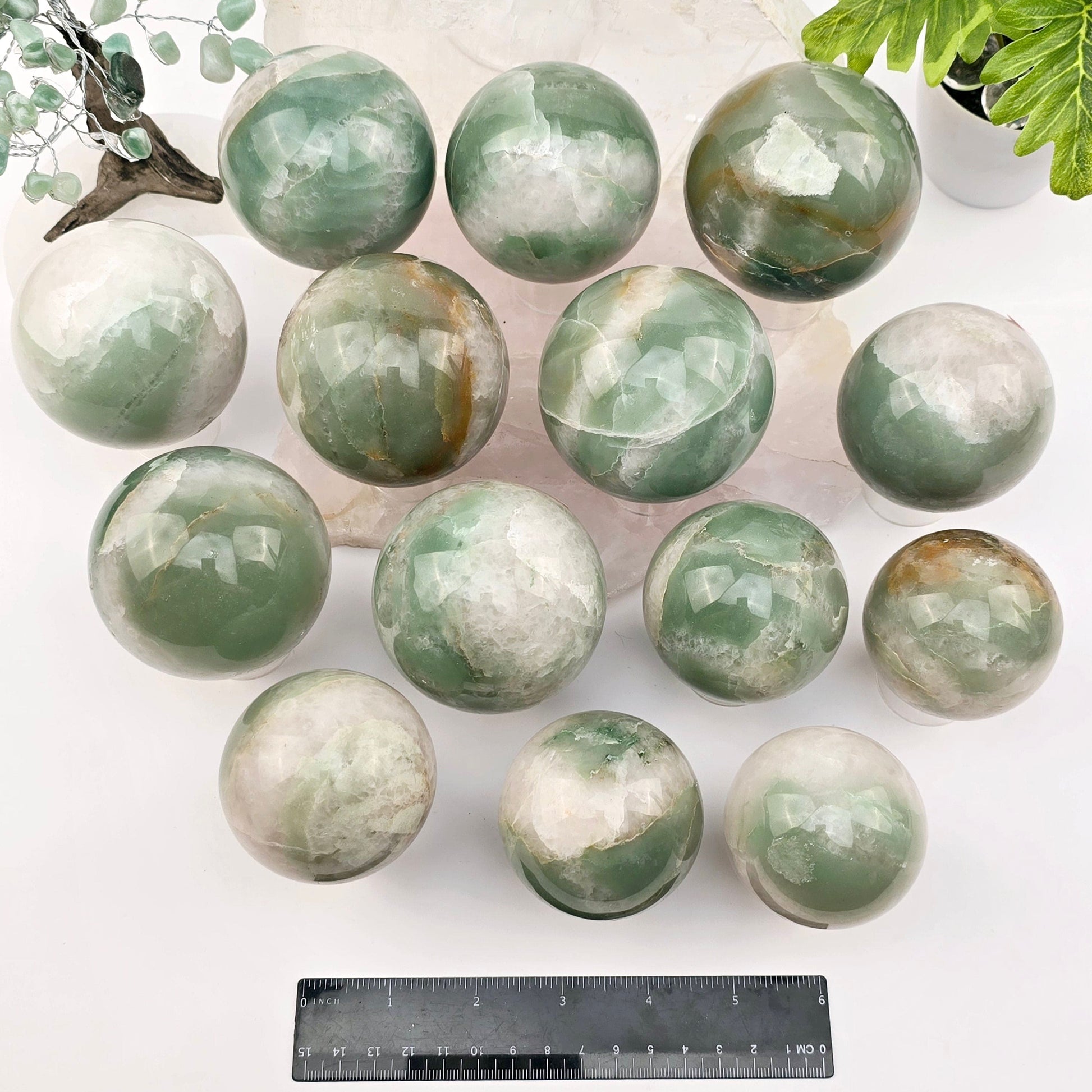 Green and White Quartz Crystal Sphere - You Choose #1 all variants with ruler for size reference