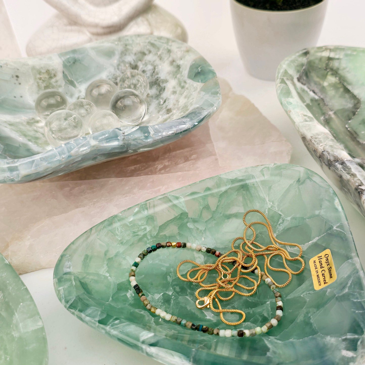 Fluorite Polished Crystal Bowl - You Choose #1 variants 1 and 4 with jewelry and objects in them
