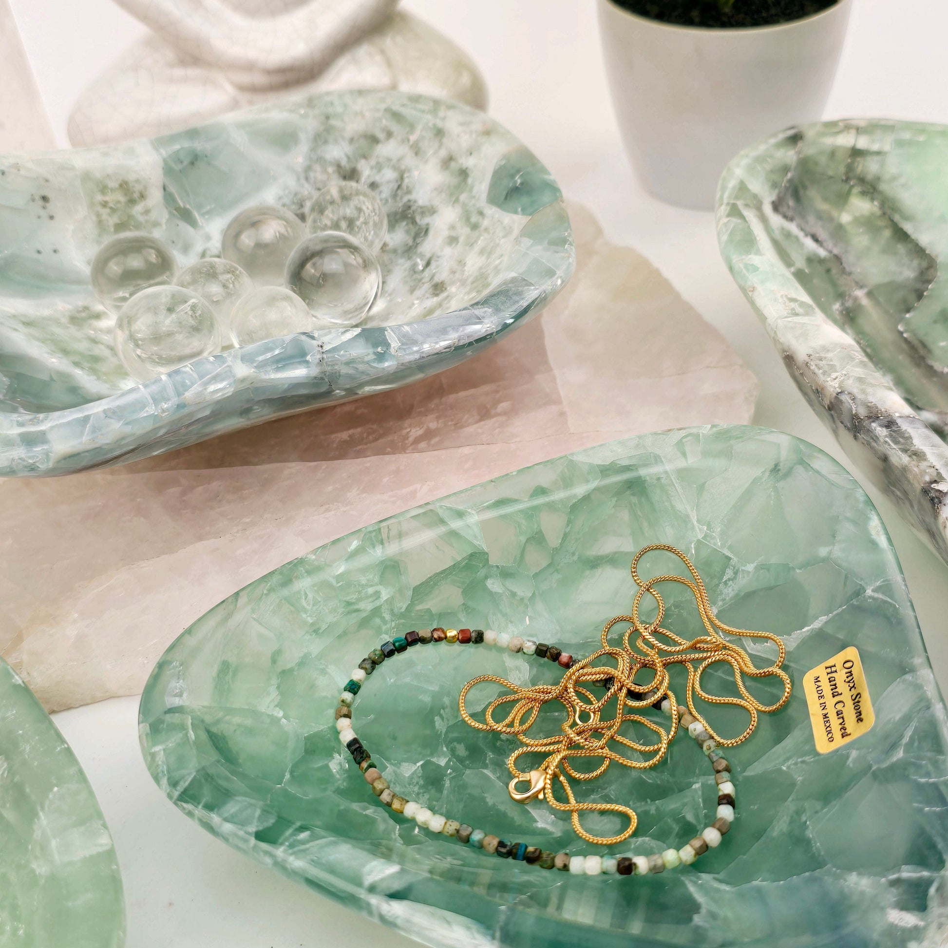 Fluorite Polished Crystal Bowl - You Choose #1 variants 1 and 4 with jewelry and objects in them