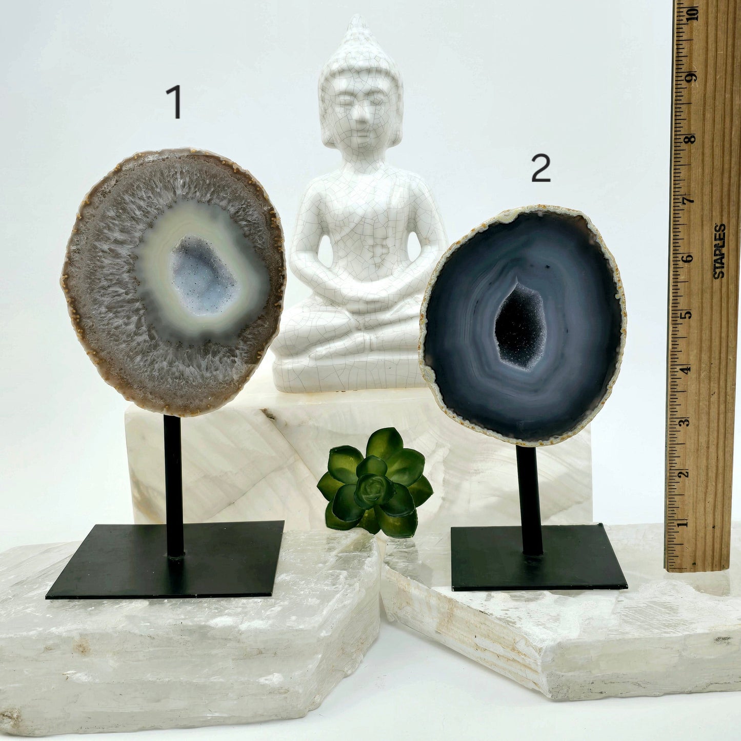 Agate Natural Crystal Geode Half on Stand - You Choose #2 variants 1 and 2 labeled with ruler for size reference
