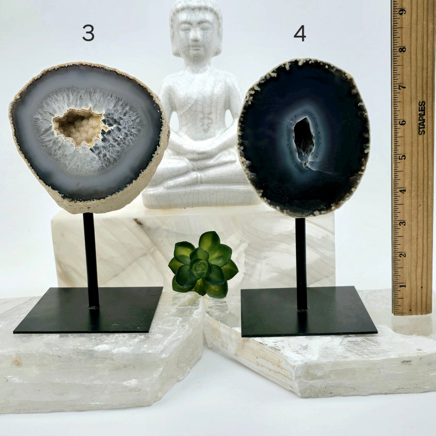 Agate Natural Crystal Geode Half on Stand - You Choose #2 variants 3 and 4 labeled with ruler for size reference