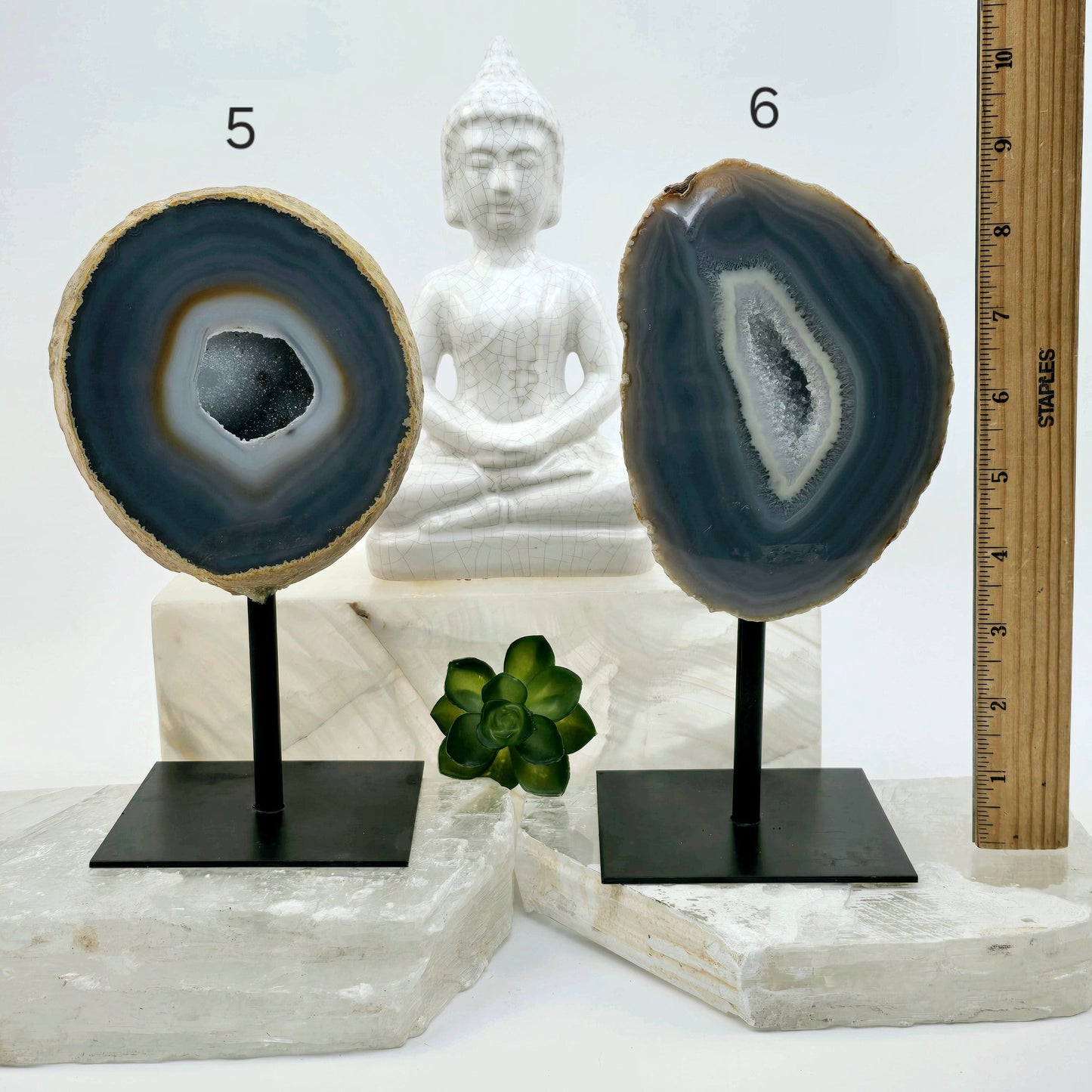Agate Natural Crystal Geode Half on Stand - You Choose #2 variants 5 and 6 labeled with ruler for size reference