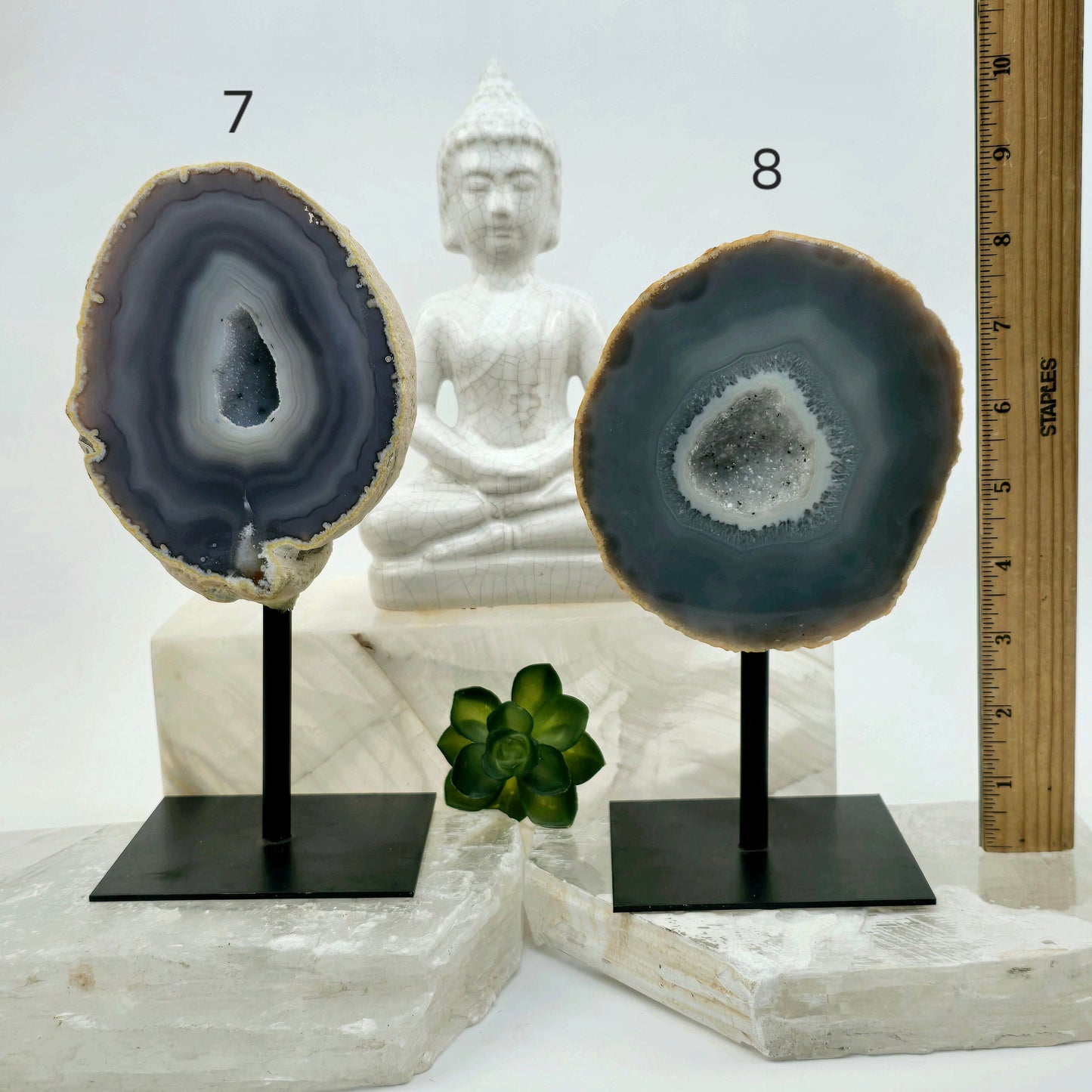 Agate Natural Crystal Geode Half on Stand - You Choose #2 variants 7 and 8 labeled with ruler for size reference