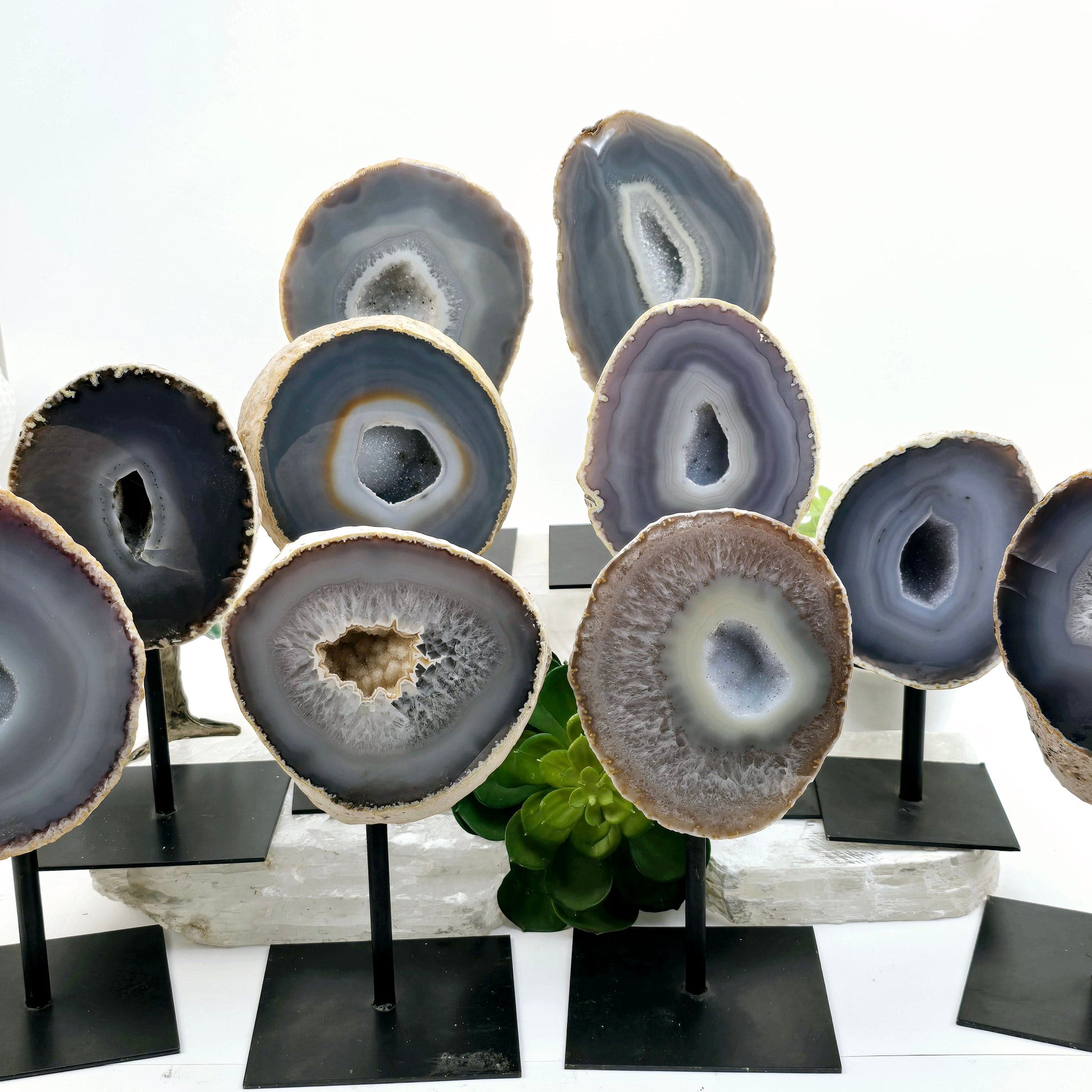Agate Natural Crystal Geode Half on Stand - You Choose #2 all variants front view