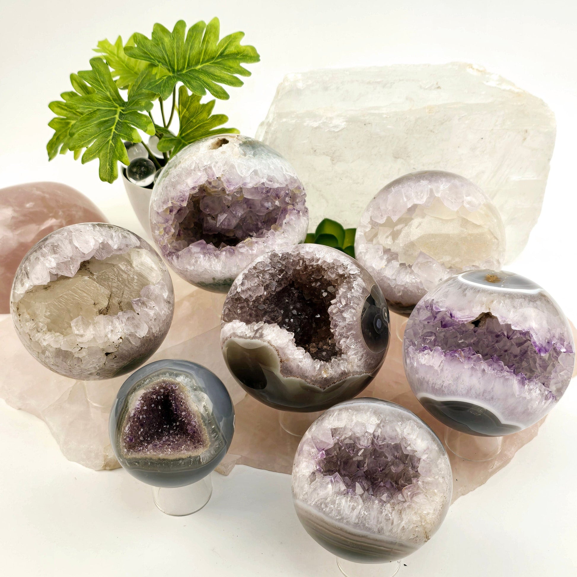 Amethyst Agate Crystal Sphere - You Choose #1 all variants with props and pants in the background