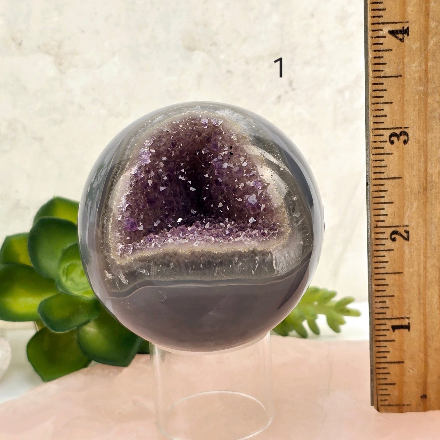 Amethyst Agate Crystal Sphere - You Choose #1 variant 1 labeled with ruler for size reference