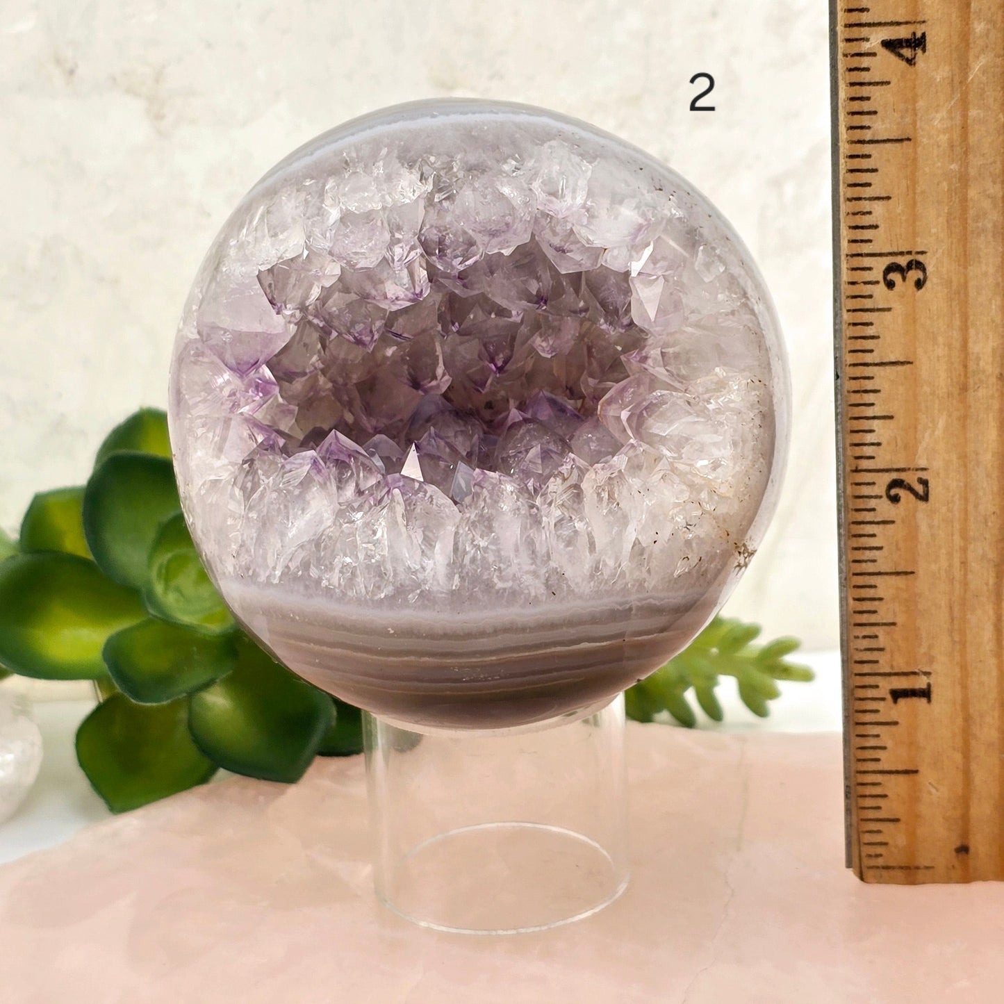 Amethyst Agate Crystal Sphere - You Choose #1 variant 2 labeled with ruler for size reference