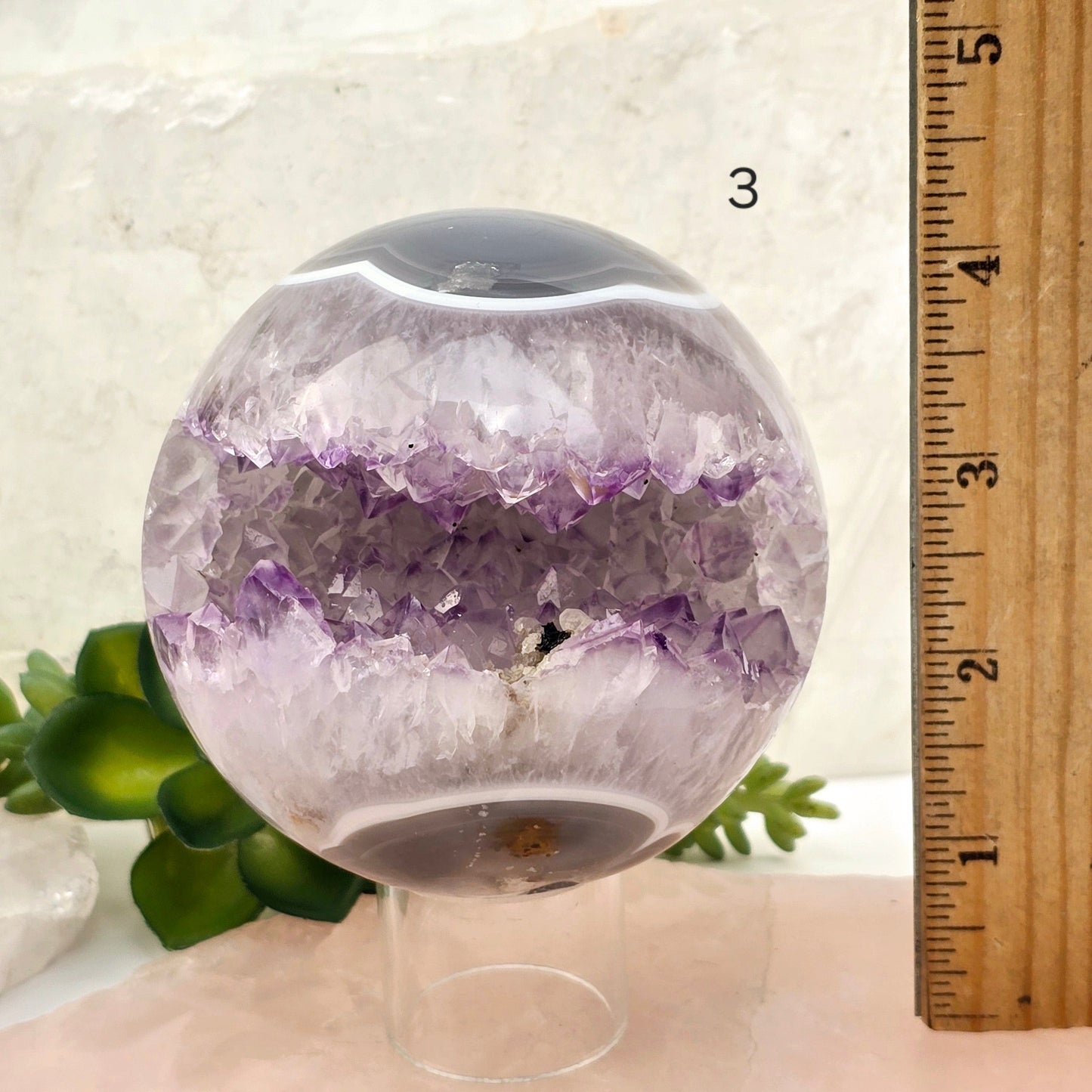 Amethyst Agate Crystal Sphere - You Choose #1 variant 3 labeled with ruler for size reference