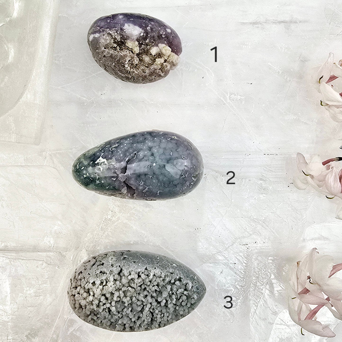 Grape Agate Polished Crystal Egg from Indonesia - You Choose #1 variants 1, 2 and 3 labeled