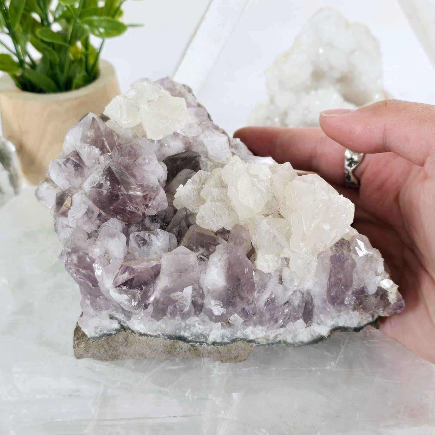 Amethyst Crystal Cluster with Calcite One-of-a-Kind #2 front view with hand for size reference