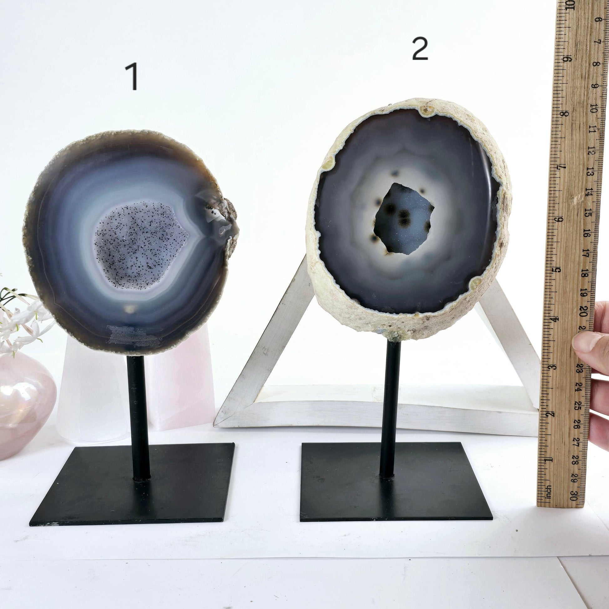Agate Natural Crystal Geode Half on Stand - You Choose #3 variants 1 and 2 labeled with ruler for size reference