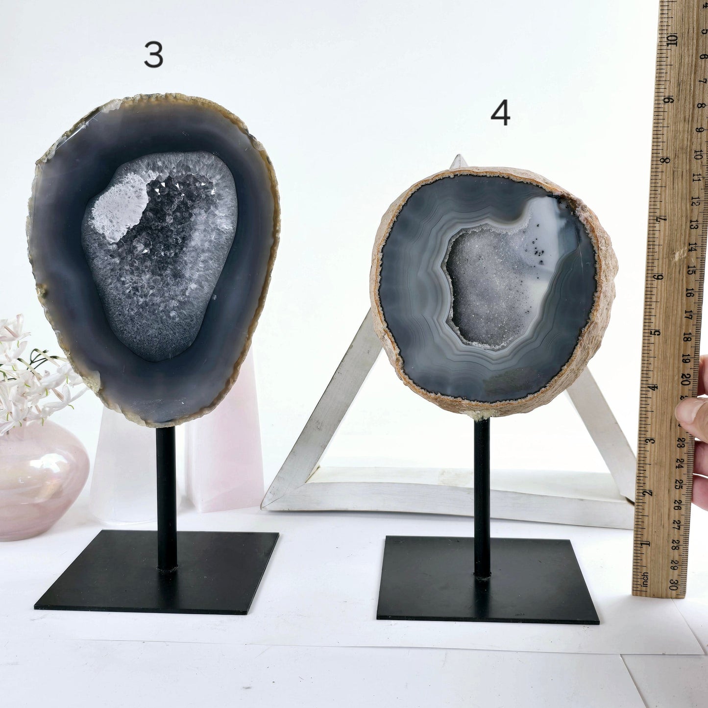 Agate Natural Crystal Geode Half on Stand - You Choose #3 variants 3 and 4 labeled with ruler for size reference