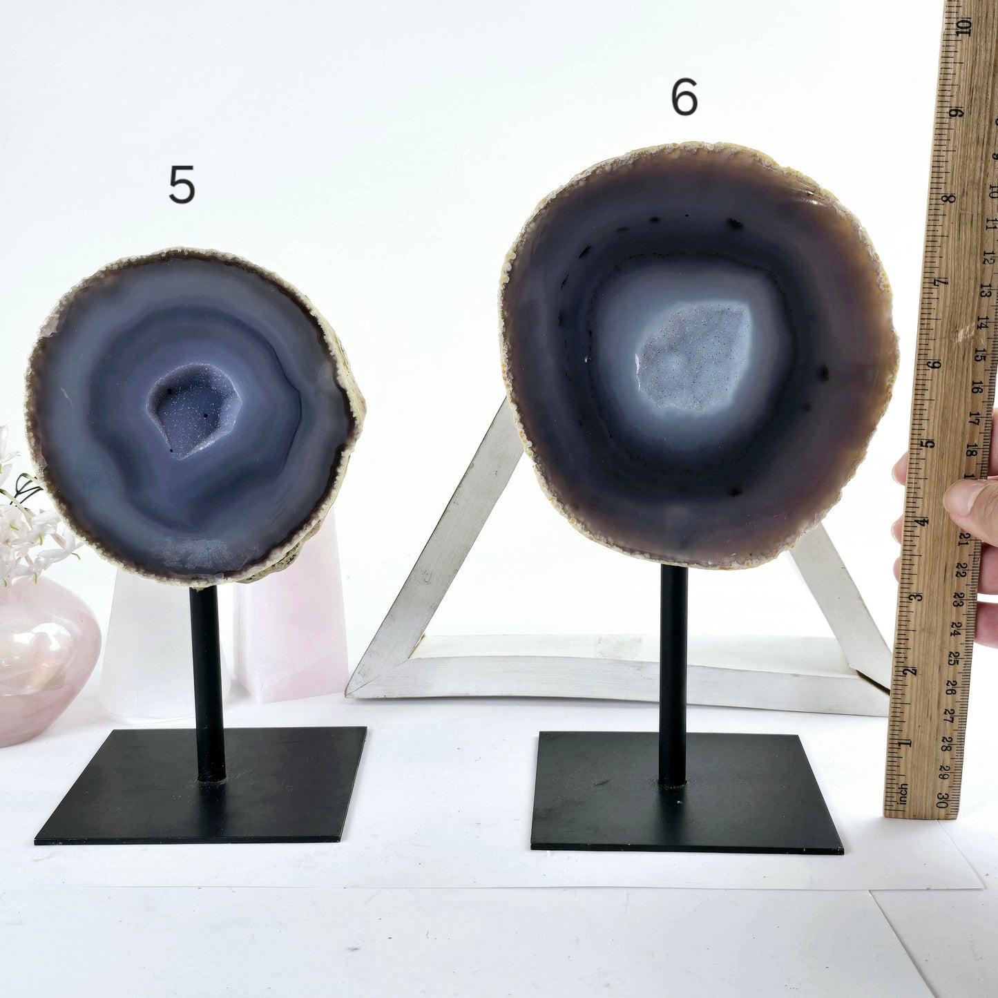 Agate Natural Crystal Geode Half on Stand - You Choose #3 variants 5 and 6 labeled with ruler for size reference