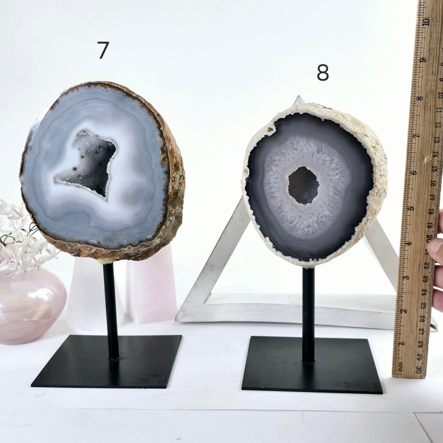 Agate Natural Crystal Geode Half on Stand - You Choose #3 variants 7 and 8 labeled with ruler for size reference