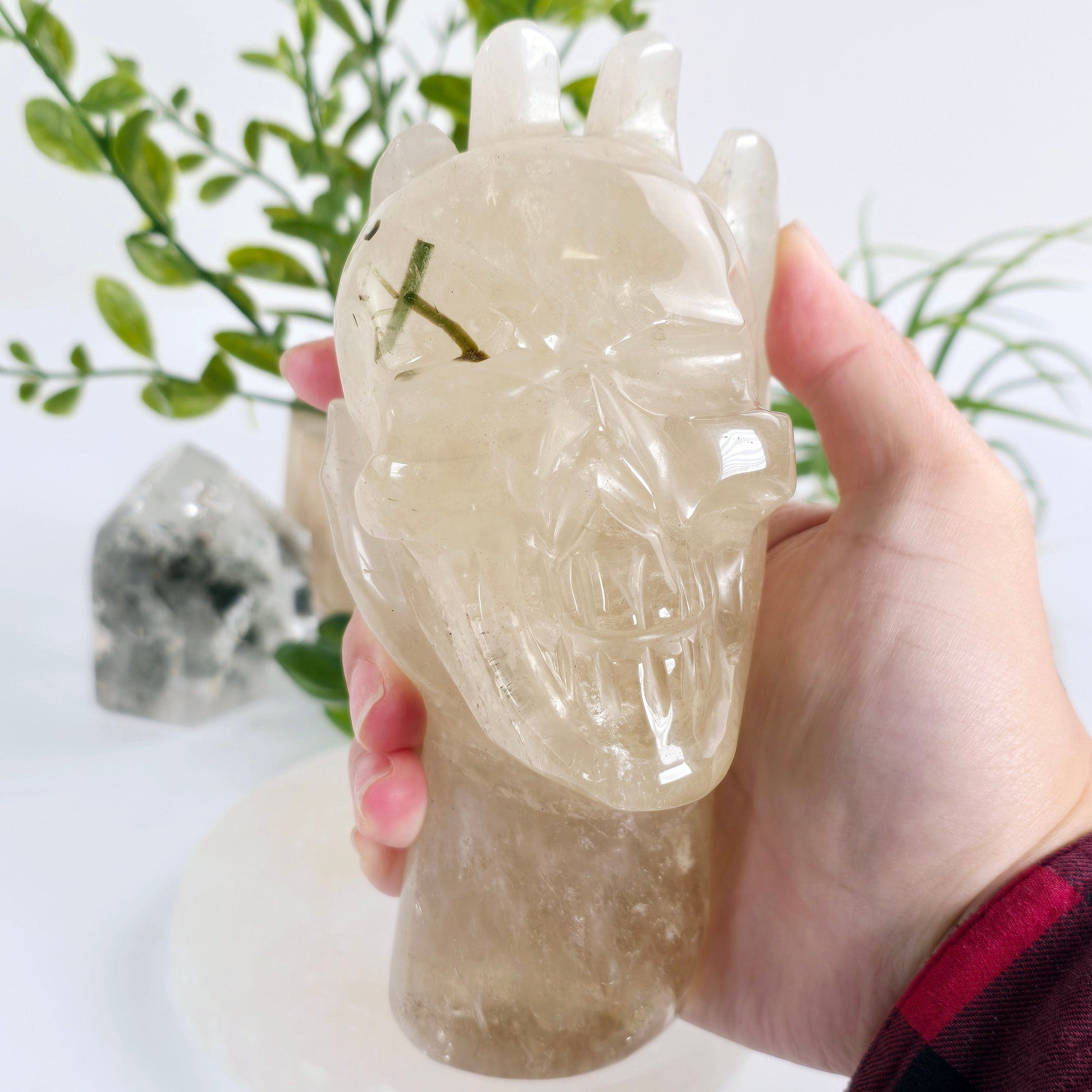Natural Citrine with Epidote Crystal Hand Holding Skull Sculpture - One-of-a-Kind in hand for size reference with plants and props in the background