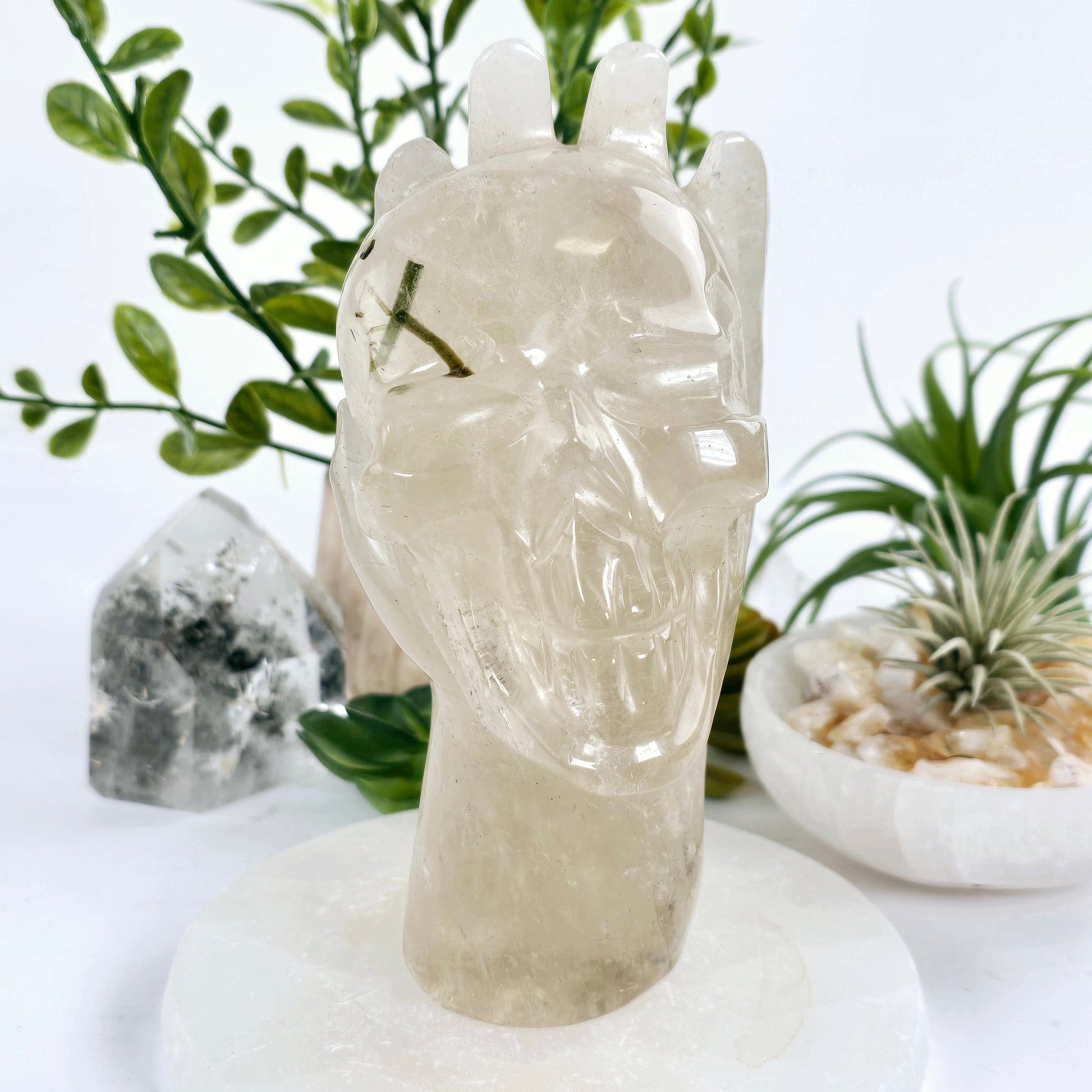 Natural Citrine with Epidote Crystal Hand Holding Skull Sculpture - One-of-a-Kind front view with plants and props in the background