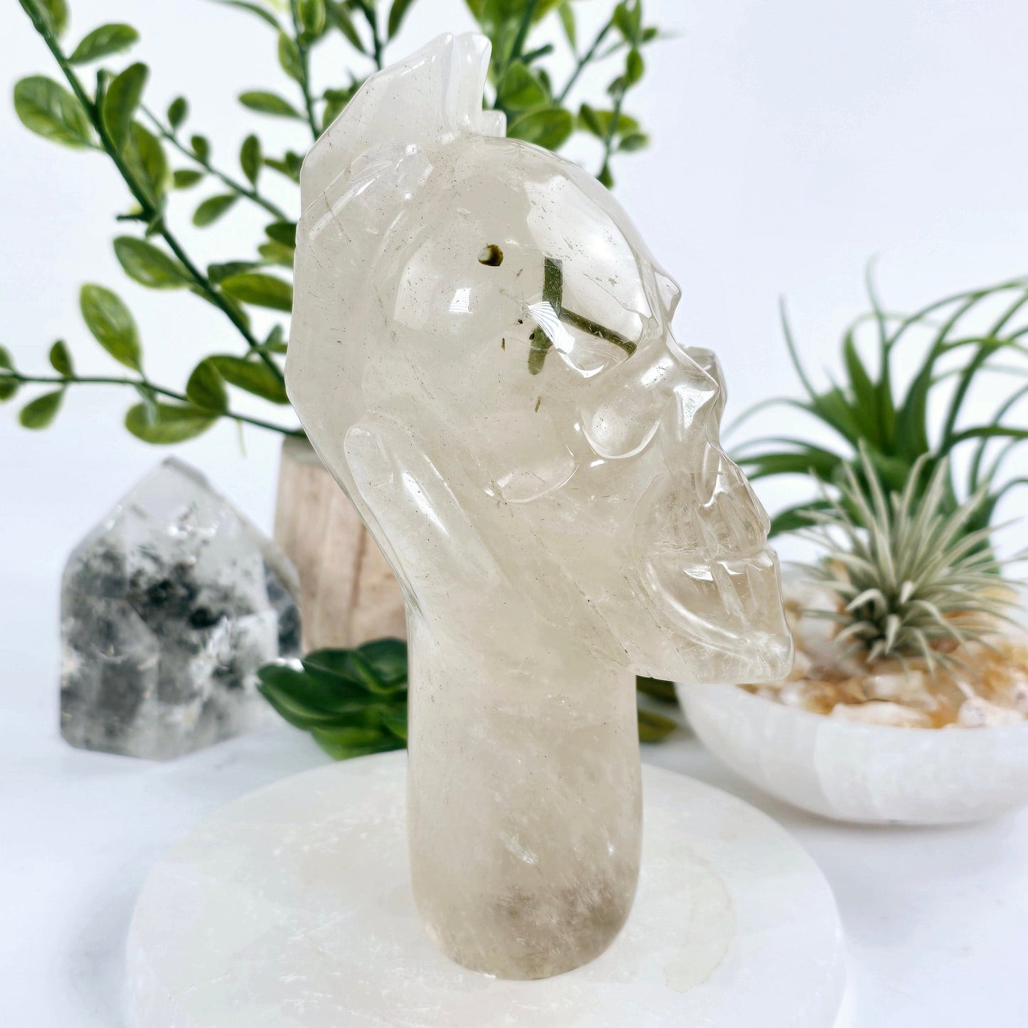 Natural Citrine with Epidote Crystal Hand Holding Skull Sculpture - One-of-a-Kind side view