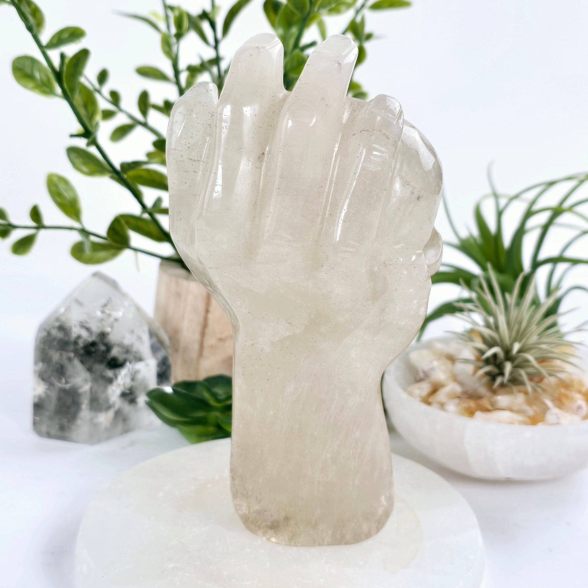 Natural Citrine with Epidote Crystal Hand Holding Skull Sculpture - One-of-a-Kind back view