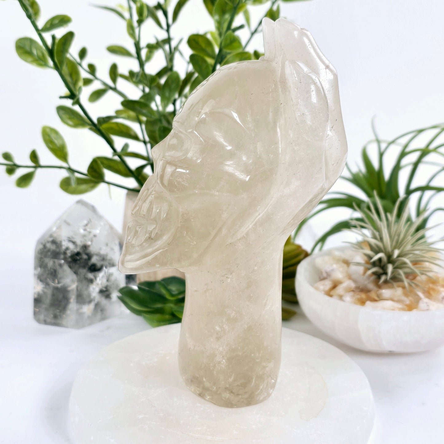Natural Citrine with Epidote Crystal Hand Holding Skull Sculpture - One-of-a-Kind side view