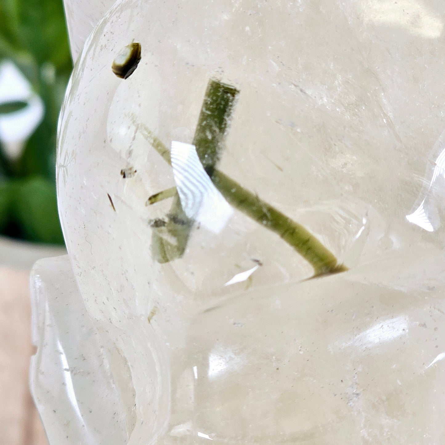 Natural Citrine with Epidote Crystal Hand Holding Skull Sculpture - One-of-a-Kind closeup for detail
