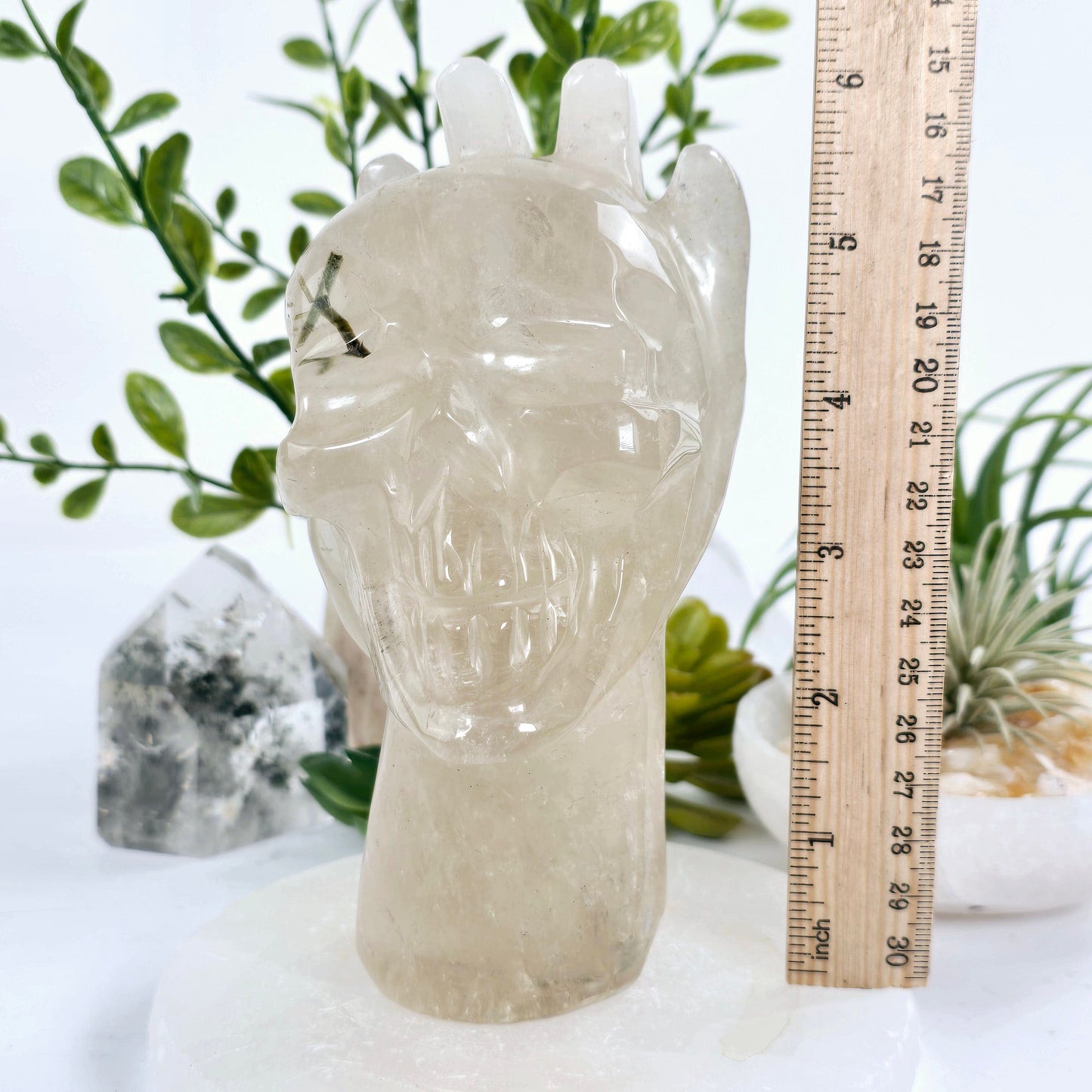 Natural Citrine with Epidote Crystal Hand Holding Skull Sculpture - One-of-a-Kind with ruler for size reference