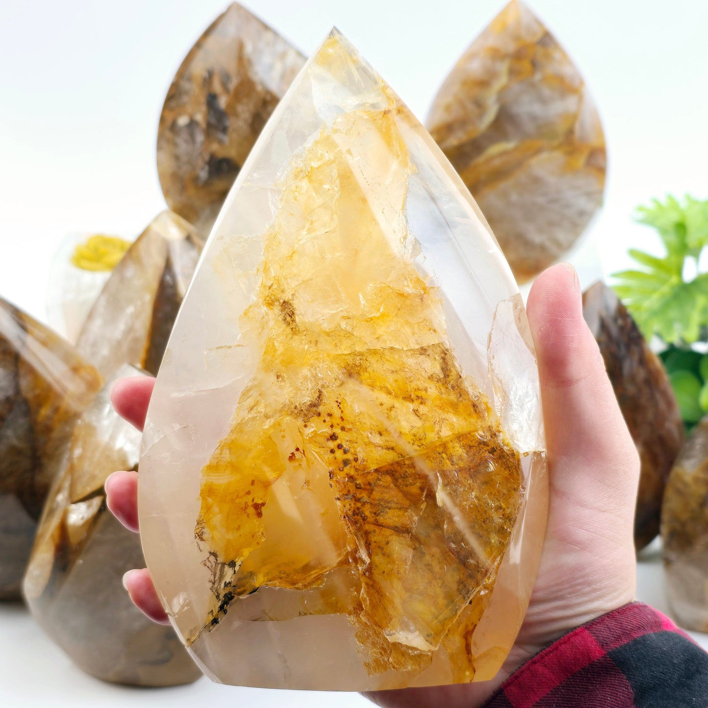 Golden Healer Quartz Crystal Flame Point Cut Base - You Choose #1 one variant in hand for size reference with other variants in the background