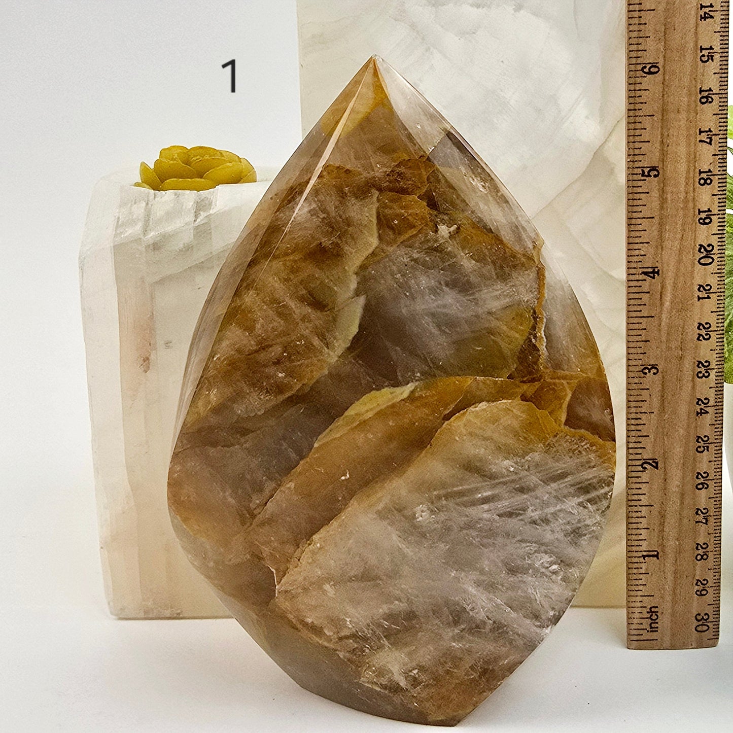 Golden Healer Quartz Crystal Flame Point Cut Base - You Choose #1 variant 1 labeled with ruler for size reference