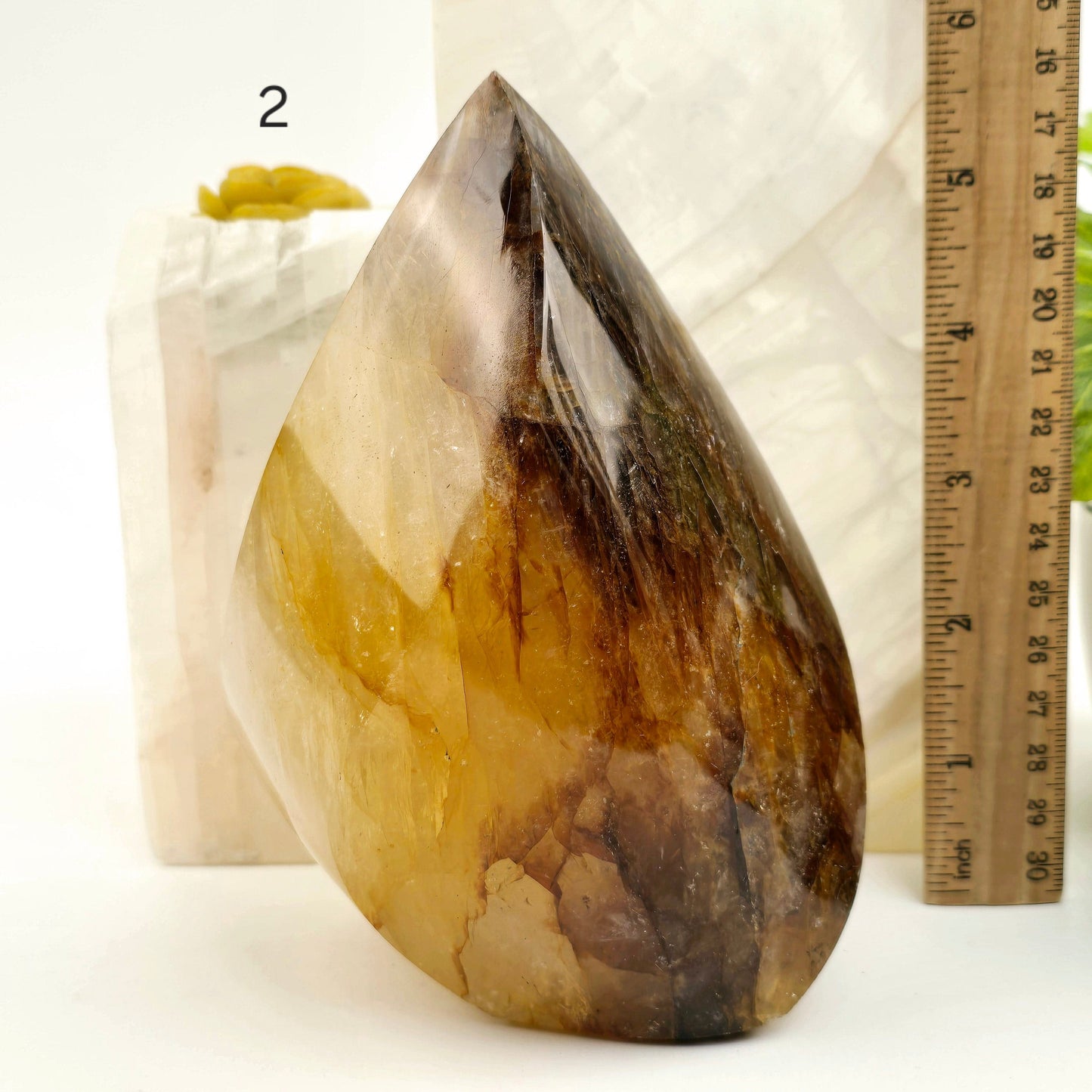 Golden Healer Quartz Crystal Flame Point Cut Base - You Choose #1 variant 2 labeled with ruler for size reference