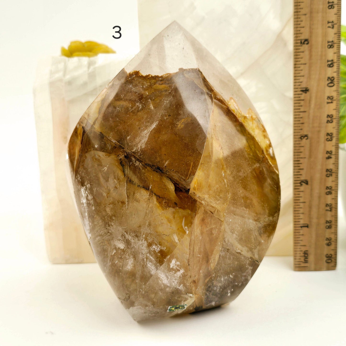 Golden Healer Quartz Crystal Flame Point Cut Base - You Choose #1 variant 3 labeled with ruler for size reference
