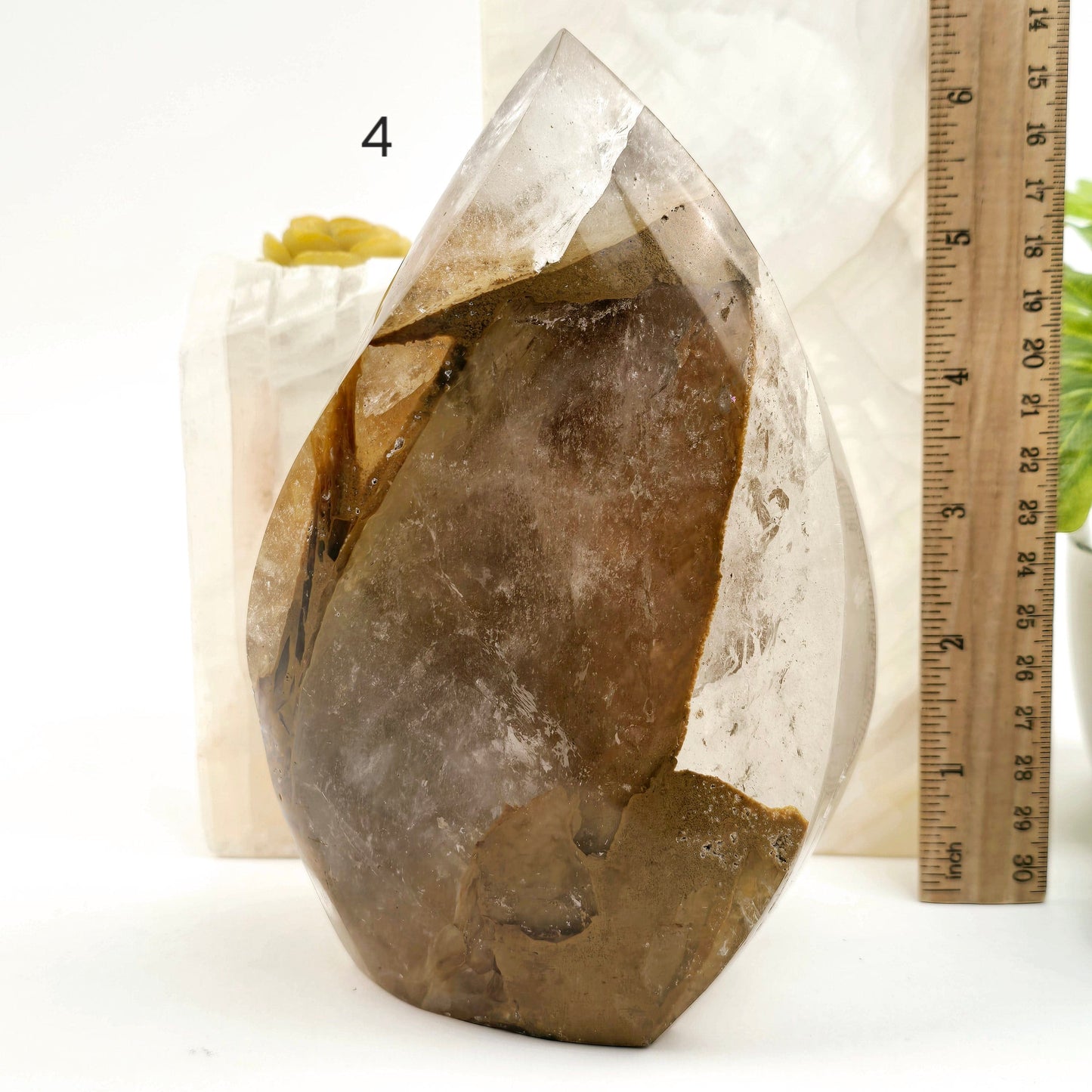 Golden Healer Quartz Crystal Flame Point Cut Base - You Choose #1 variant 4 labeled with ruler for size reference