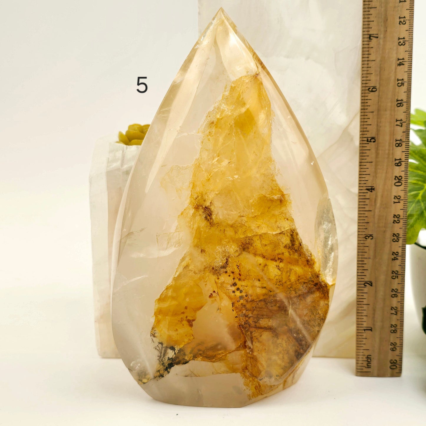 Golden Healer Quartz Crystal Flame Point Cut Base - You Choose #1 variant 5 labeled with ruler for size reference