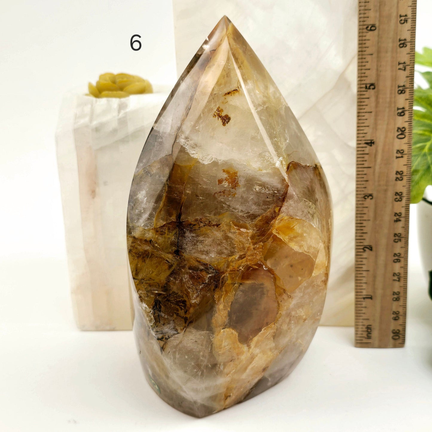 Golden Healer Quartz Crystal Flame Point Cut Base - You Choose #1 variant 6 labeled with ruler for size reference
