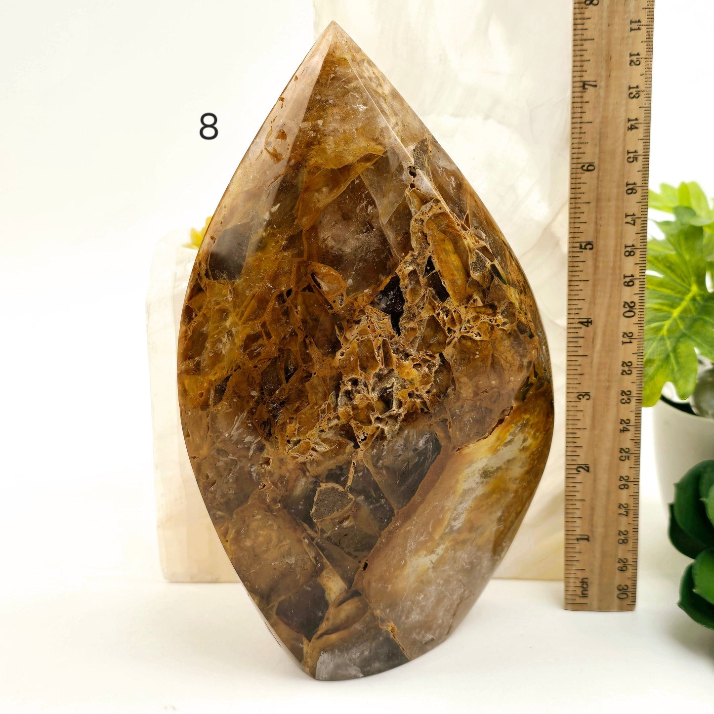 Golden Healer Quartz Crystal Flame Point Cut Base - You Choose #1 variant 8 labeled with ruler for size reference