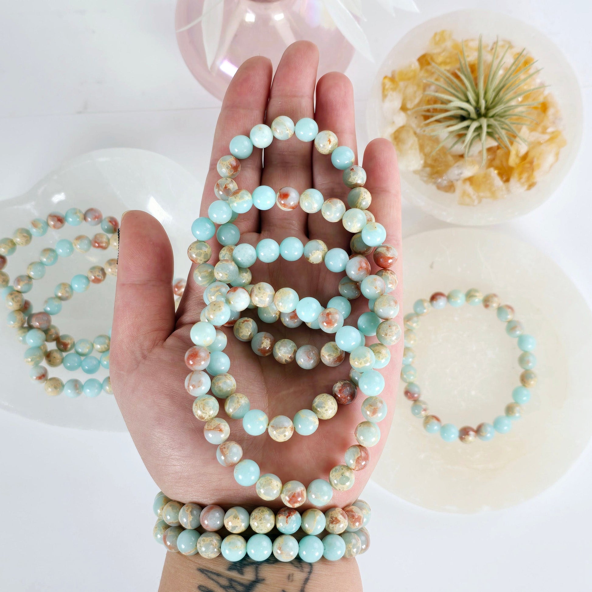 Imperial Jasper Crystal Bracelet - 8mm Beaded Bracelet - several on wrist and hand for size reference with others in background with props and plants