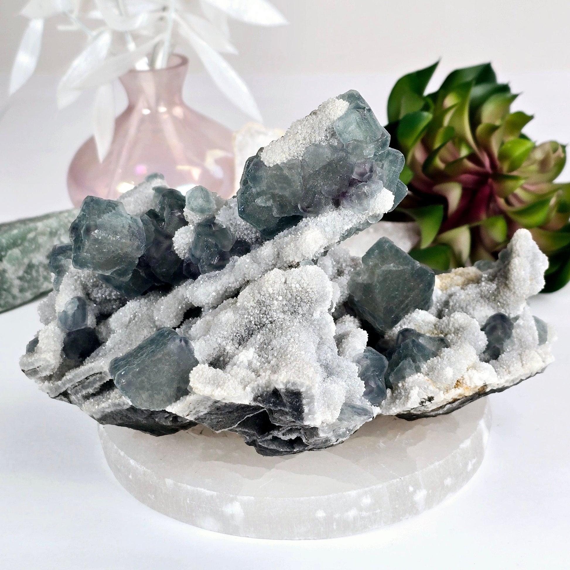 Cubic Green Fluorite on Crystal Quartz Matrix - Rare Find - One-of-a-Kind - front view with props and plants in the background