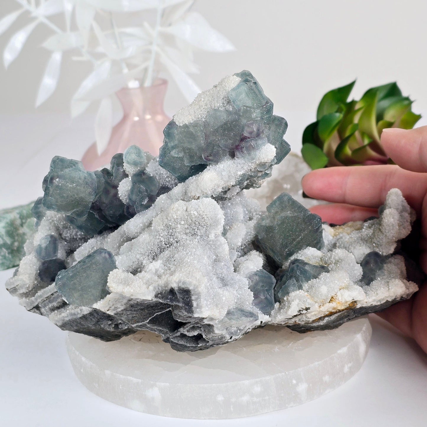 Cubic Green Fluorite on Crystal Quartz Matrix - Rare Find - One-of-a-Kind front view with hand for size reference