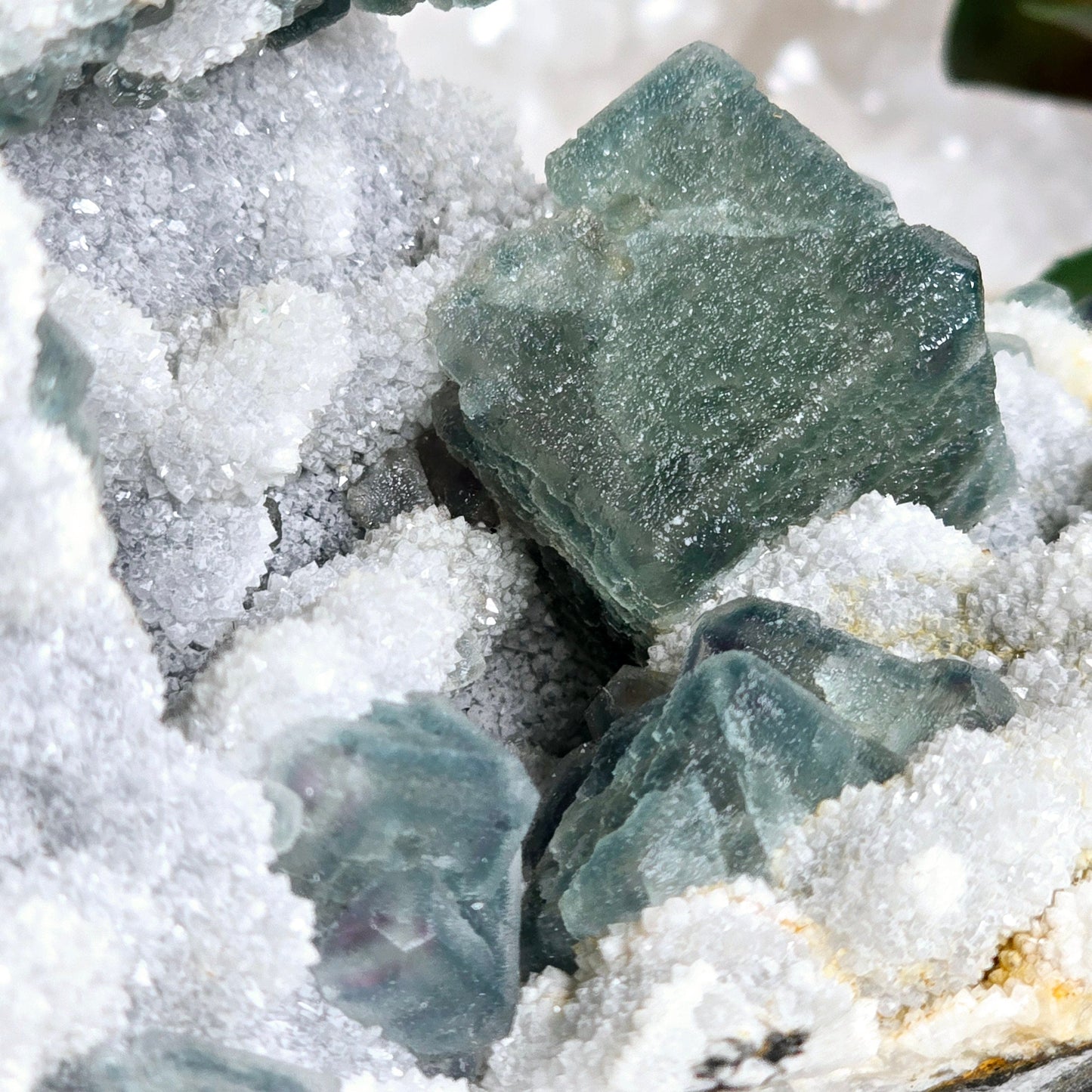 Cubic Green Fluorite on Crystal Quartz Matrix - Rare Find - One-of-a-Kind closeup for detail