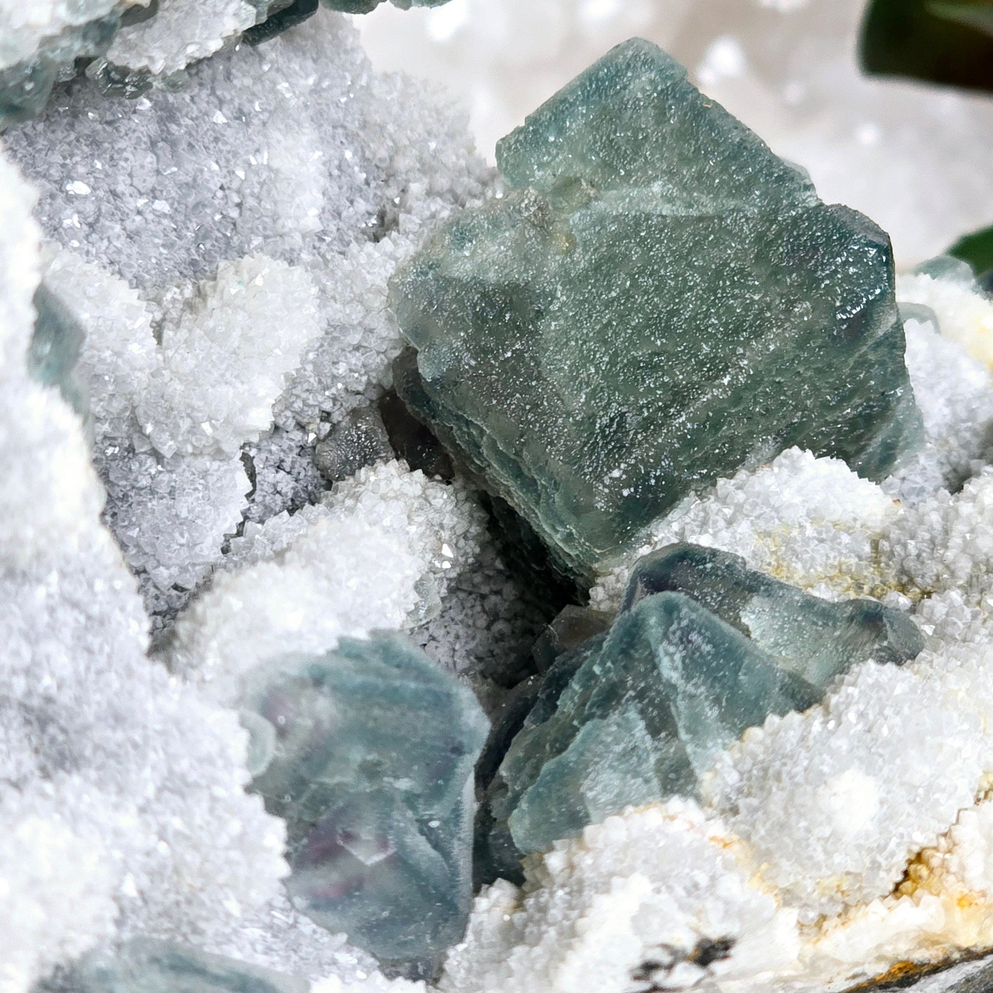 Cubic Green Fluorite on Crystal Quartz Matrix - Rare Find - One-of-a-Kind closeup for detail
