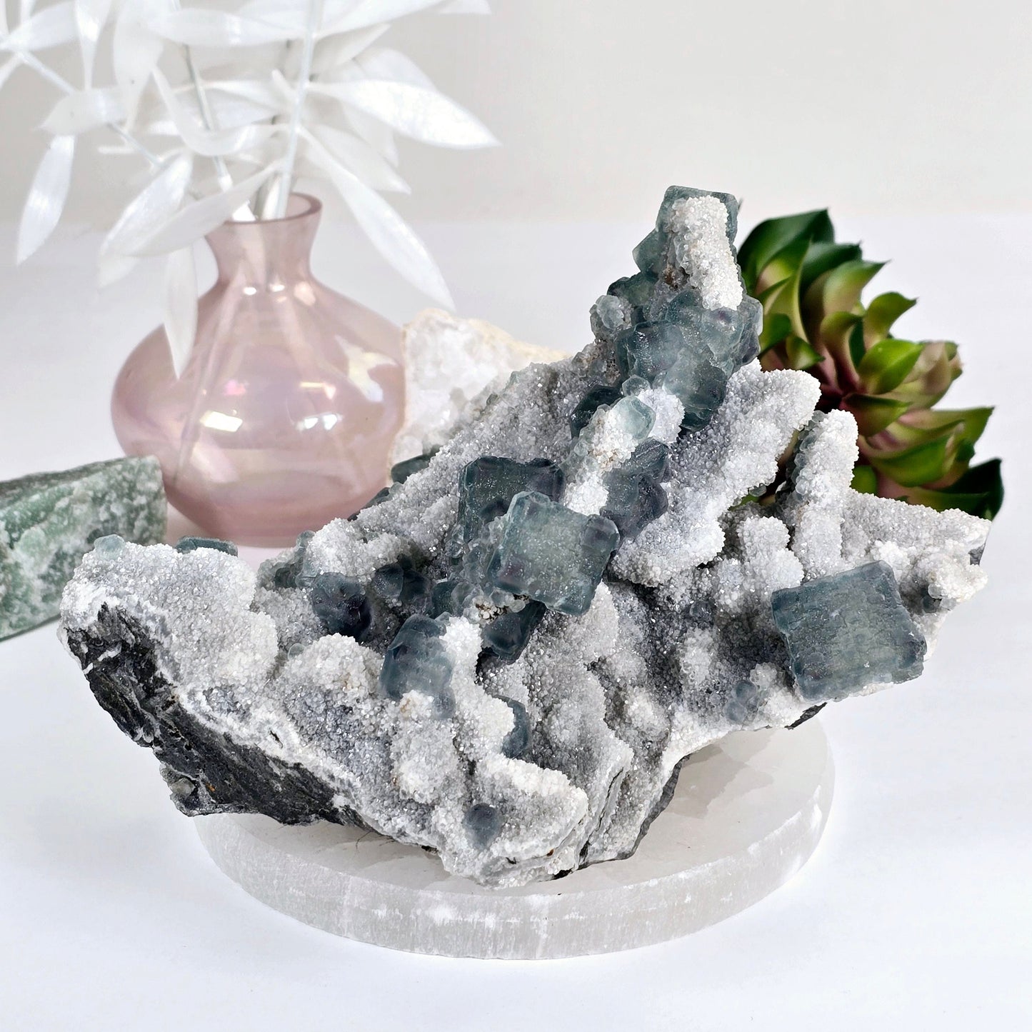 Cubic Green Fluorite on Crystal Quartz Matrix - Rare Find - One-of-a-Kind side view