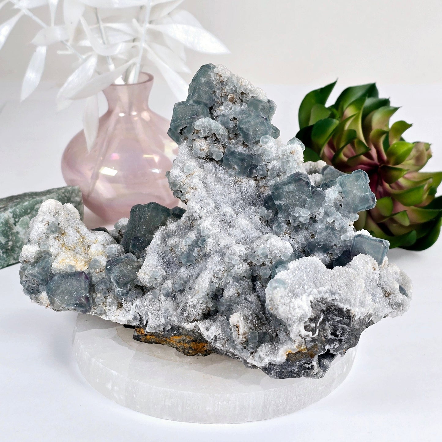 Cubic Green Fluorite on Crystal Quartz Matrix - Rare Find - One-of-a-Kind back view